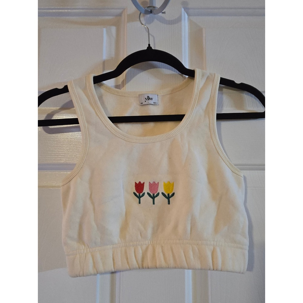 YLLW Cream Floral Embroidered Cropped Tank‎ Top Size S